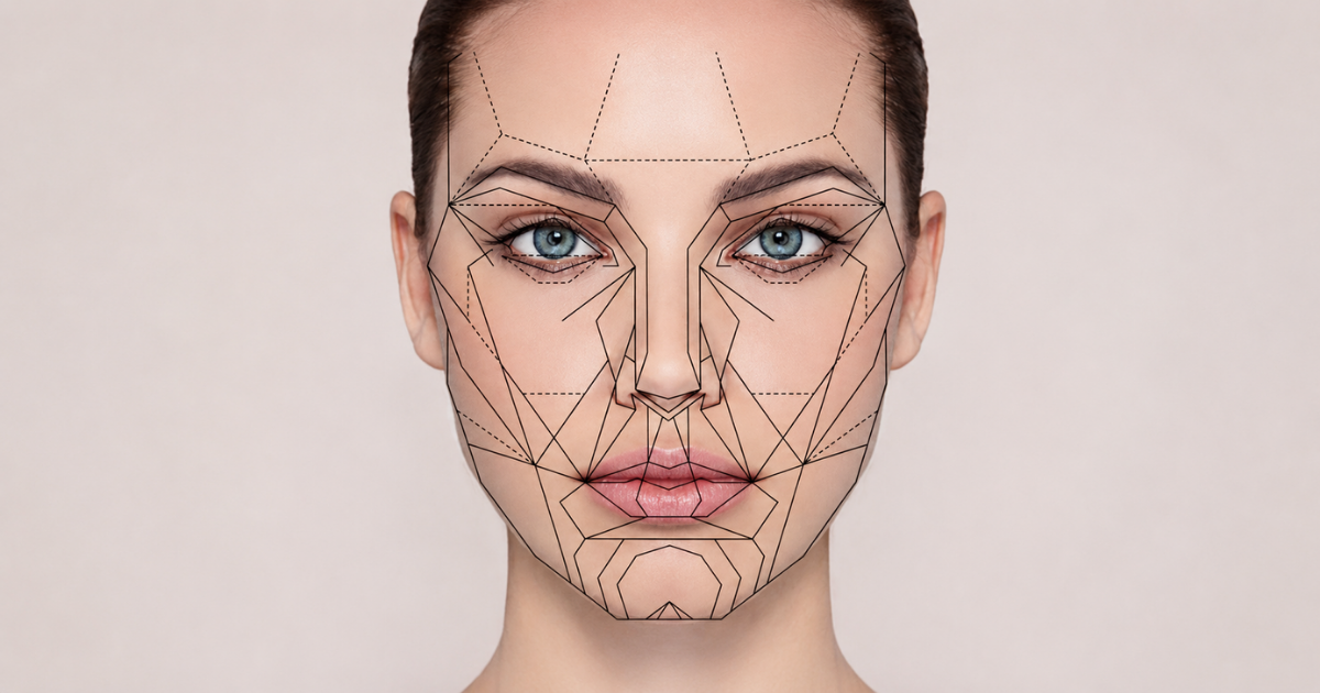 Golden ratio facial mapping showing geometric proportions used to assess facial symmetry and balance